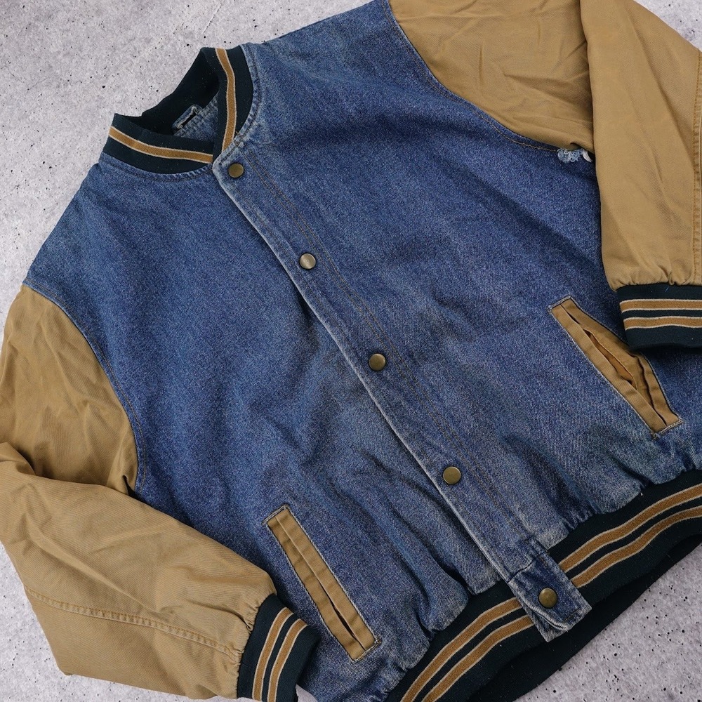 Fourcast Denim Varsity Jacket Mens Large Blue Tan Two Tone Bomber Coat Lined